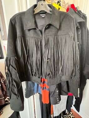 Black fringed faux suede cropped jacket